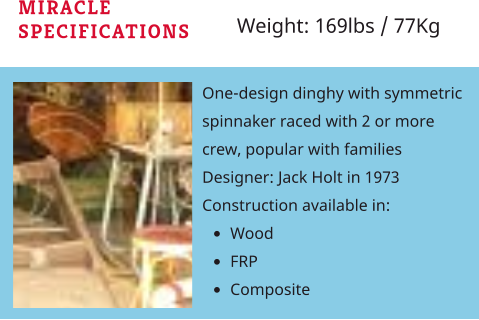 MIRACLE  SPECIFICATIONS One-design dinghy with symmetric spinnaker raced with 2 or more crew, popular with families  Designer: Jack Holt in 1973 Construction available in:  •	Wood •	FRP •	Composite Weight: 169lbs / 77Kg